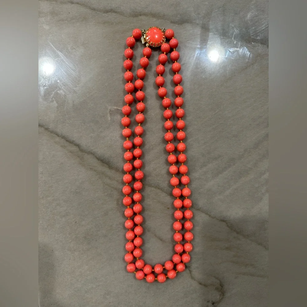 Vintage Mid Century Two Strand Faux Coral Lucite Bead Necklace with Ornate Clasp